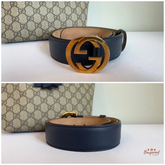 Authentic Gucci Blue Leather Gold Interlocking G Buckle Belt 85/34 - Picture 3 of 13